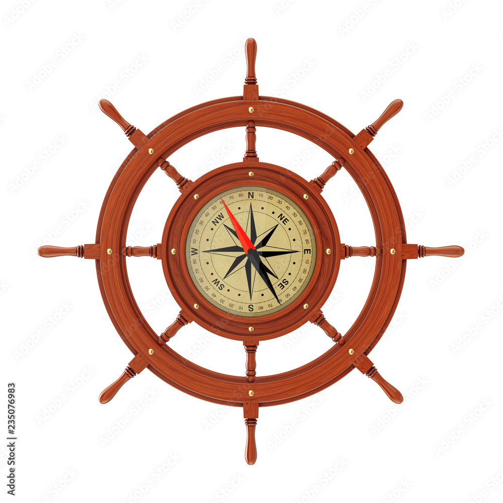 Rare Compass in the Form of Vintage Wooden Ship Steering Wheel. 3d Rendering