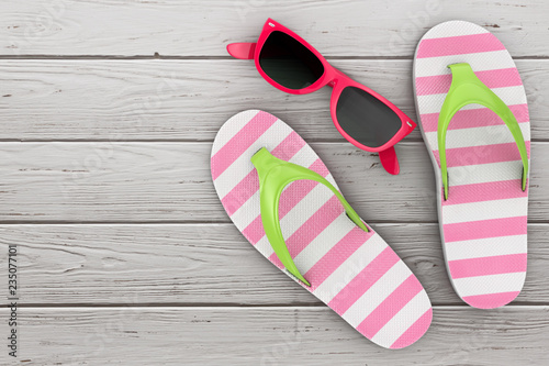 Modern Flip Flops Sandals with Pink Sunglasses. 3d Rendering