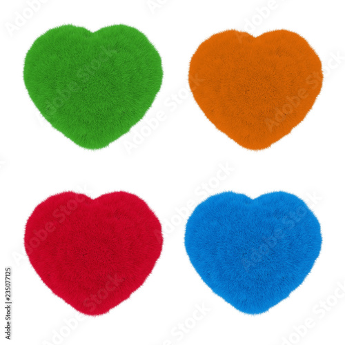 Set of Hearts from Multicolour Fur. 3d Rendering