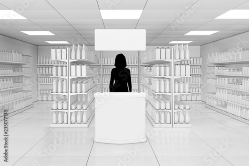 Woman Promoter Silhouette Behind of Blank Advertising Promotion Banner Stand near Market Shelving Rack with Blank Products or Goods in Clay Style as Supermarket Interior. 3d Rendering photo