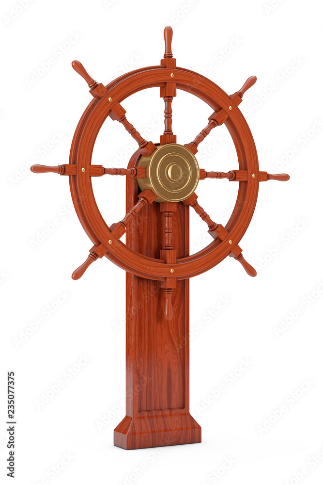Vintage Wooden Ship Steering Wheel with Stand. 3d Rendering