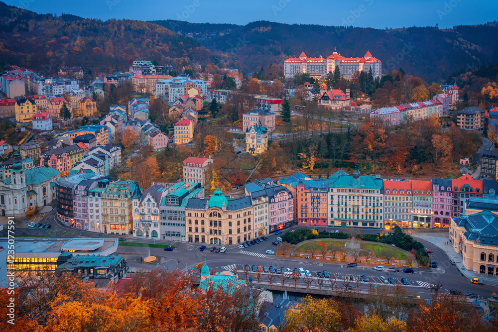 Beautiful view over colorful houses in Karlovy Vary, a spa town in Czech Republic in autumn season