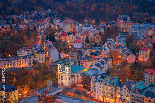 Obraz na plátně Beautiful view over colorful houses in Karlovy Vary, a spa town in Czech Republi