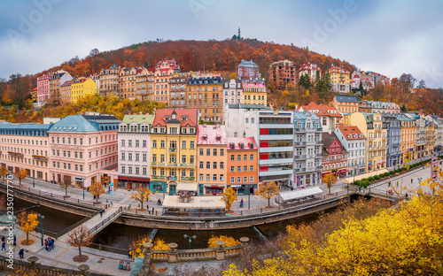 Obraz na płótnie Beautiful view over colorful houses in Karlovy Vary, a spa town in Czech Republi