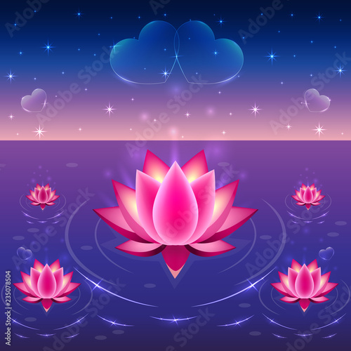 Water lilies with hearts,  pink lotuses on water vector illustration, night, stars and sparkles.