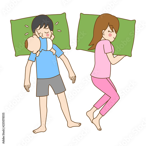Pregnant Sleepless, mom can't sleep, cute cartoon character having a baby birth sleep together,mom, dad, kid, family care concept, outline cartoon vector illustration.