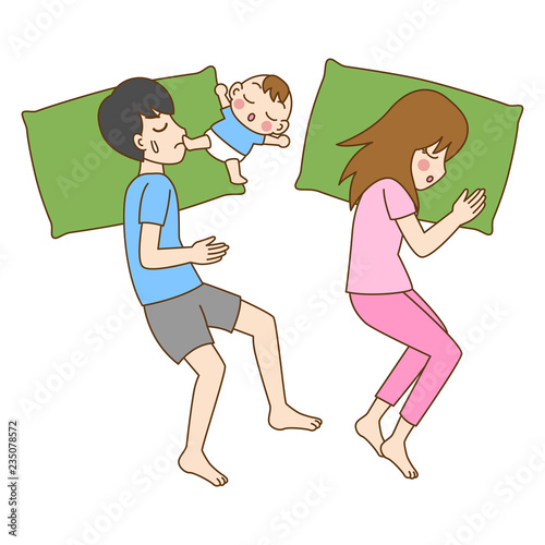 Pregnant Sleepless, mom can't sleep, cute cartoon character having a baby birth sleep together,mom, dad, kid, family care concept, outline cartoon vector illustration.