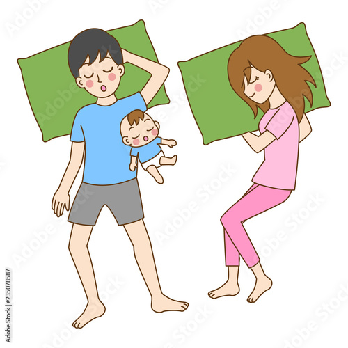Pregnant Sleepless, mom can't sleep, cute cartoon character having a baby birth sleep together,mom, dad, kid, family care concept, outline cartoon vector illustration.