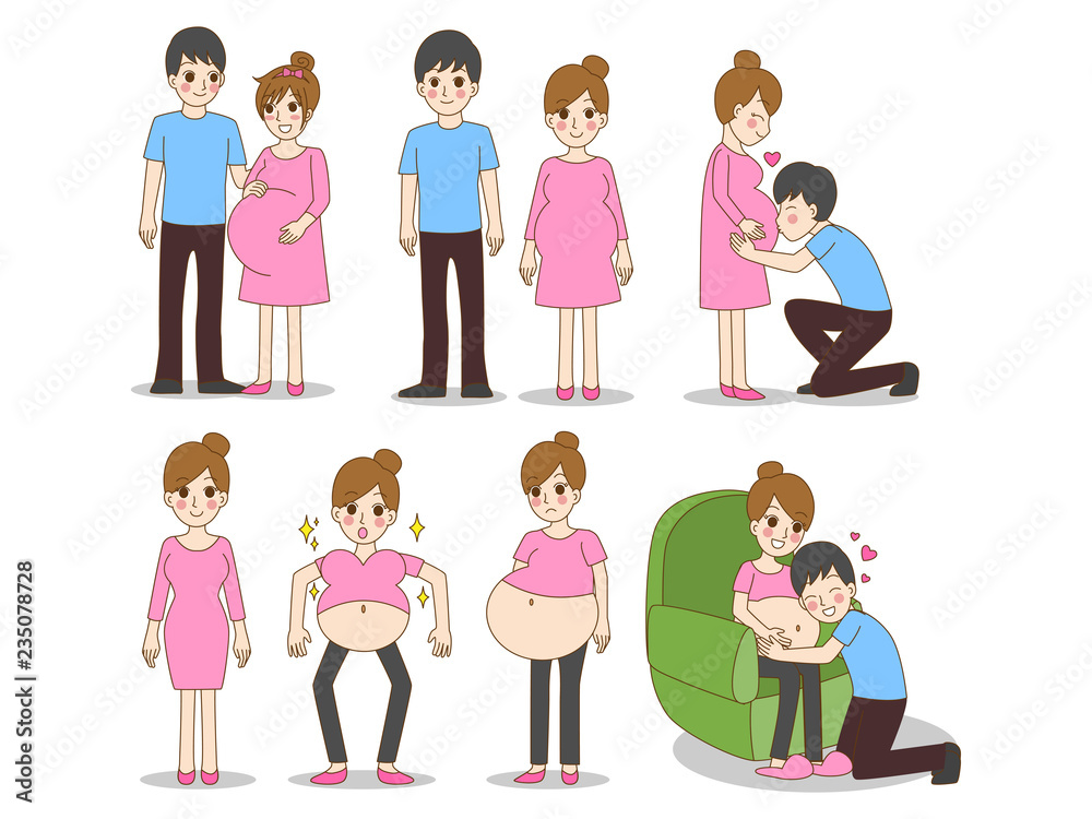 Set of pregnant woman character having a baby birth with love couple,  husband wife, dad kiss mom, father hug mother, man happy, parent smile,  family care concept, outline cartoon vector illustration. Stock