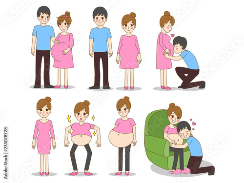 Set of pregnant woman character having a baby birth with love couple, husband  wife, dad kiss mom, father hug mother, man happy, parent smile, family care  concept, outline cartoon vector illustration. Stock