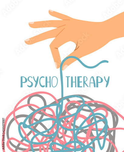 Psychotherapy poster, human hand untangling thread, vector illustration