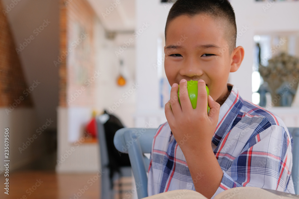 little asian kid boy child children biting eating apple. childhood & healthy food concept little asian kid boy child children biting eating apple. childhood & healthy food concept
