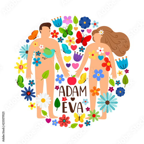 Adam and Eve. Bible genesis vector illustration with naked woman, man and apple, temptation or adamant story in floral garden