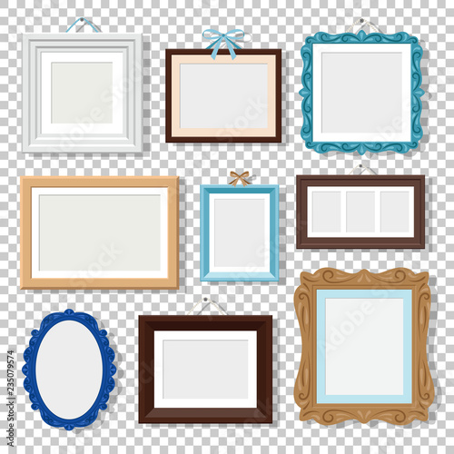 Classic photo frames. Vectors vintage wood frames isolated on transparent, old design empty square and round photo frame set