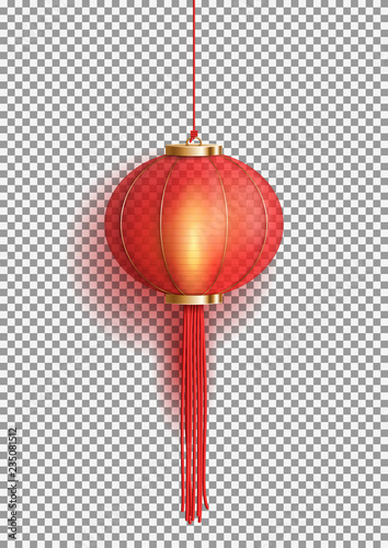 Festive Chinese red lantern template. 3d symbol of Chinese culture. Holiday paper lamp isolated on transparent background. Vector illustration.
