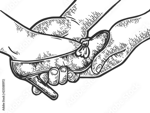 Hands put on woman shoe engraving vector illustration. Scratch board style imitation. Hand drawn image.