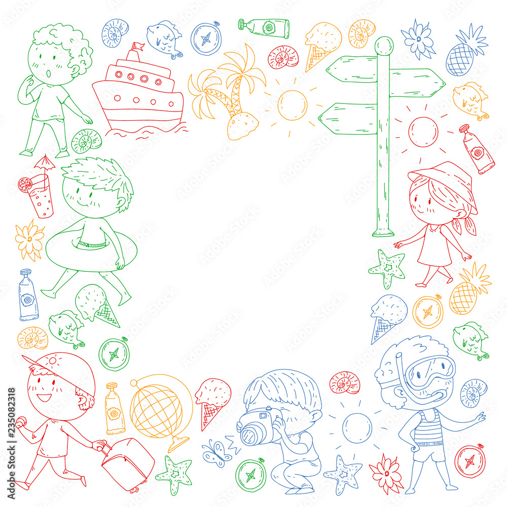 Happy children playing at seashore, beach, sea, ocean. Kids vacation and travelling. Swimming, doodle icons globe, cruise ship, cocktails. Happy children playing at seashore, beach, sea, ocean. Kids vacation and travelling. Swimming, doodle icons globe, cruise ship, cocktails.