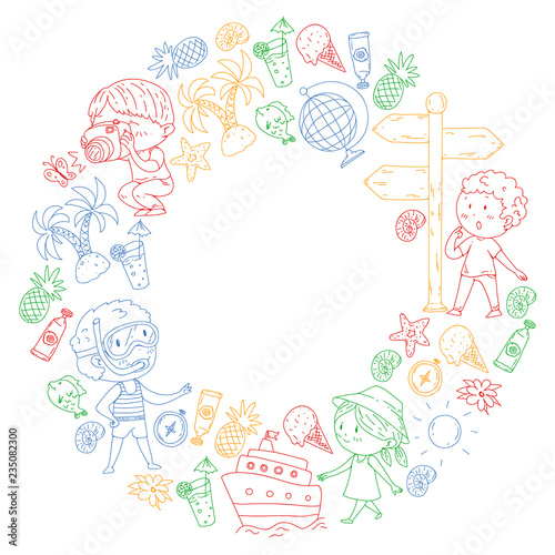 Happy children playing at seashore, beach, sea, ocean. Kids vacation and travelling. Swimming, doodle icons globe, cruise ship, cocktails. © rudut2015