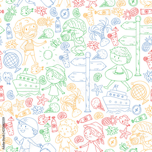 Happy children playing at seashore, beach, sea, ocean. Kids vacation and travelling. Swimming, doodle icons globe, cruise ship, cocktails.