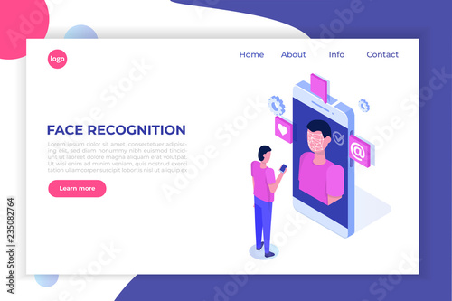 Biometric security identification, Mobile app for face recognition system isometric concept, landing page template. Vector illustration.