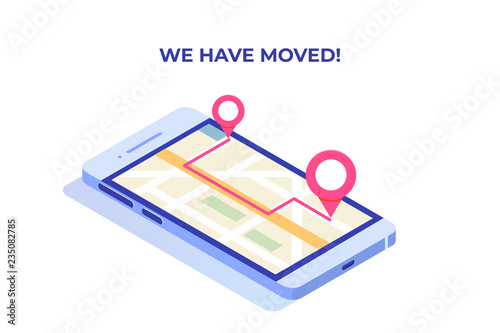 We have moved, changed address isometric concept, landing page template. Mobile navigation,GPRS.