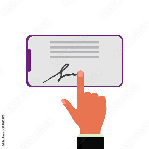 Digital signature on mobile phone. Man signing electronic document with finger on device.