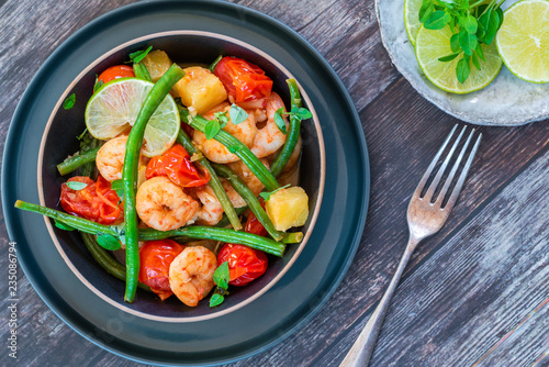 Thai prawns with pineapple and green beans - top view