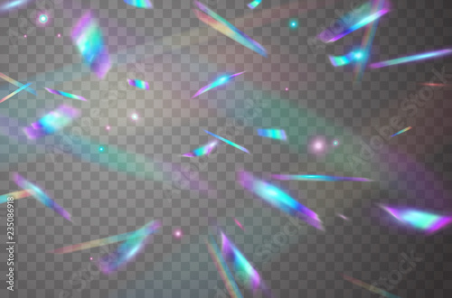 Holographic falling confetti isolated on transparent background. Rainbow iridescent overlay texture. Vector festive foil hologram tinsel with bokeh light effect and glare glitter.