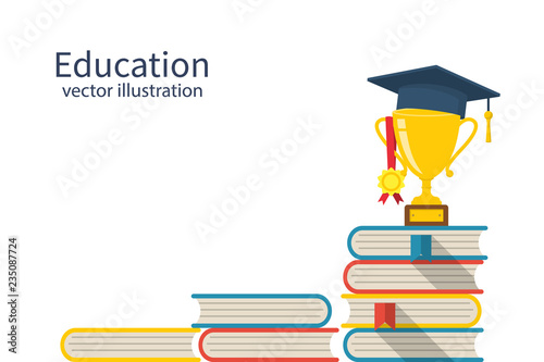 Education ladder concept. Top of the piles of books. Cup with an academic cap and a medal on top. Achievement goals in learning and success. Stairs knowledge.