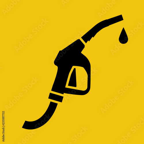 Fuel pump icon black silhouette. Petrol station symbol. Pictogram gas station. Sign gasoline pump nozzle with drop. Vector illustration flat design. Isolated on yellow background. 