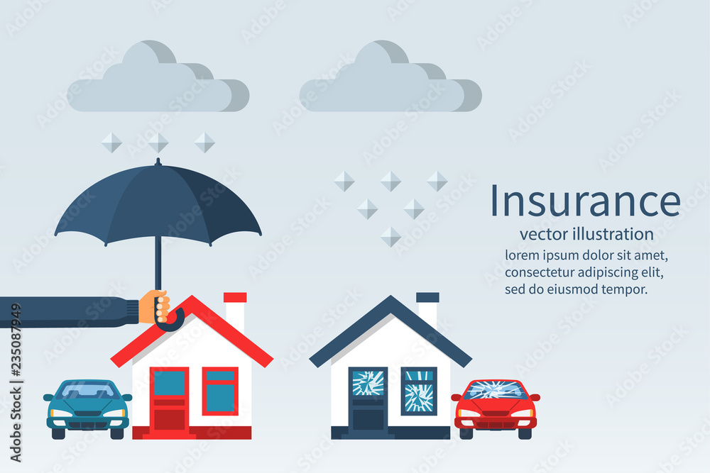 Concept of security of property. Weather insurance. Agent holding umbrella over house. Ruined house and car with broken windows. Vector illustration flat design. Isolated on white background.