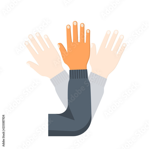 Hand wave. Human waving hi or hello. Gesture hand. Inclusion of a motion sensor. Vector illustration flat design. Isolated on white background.
