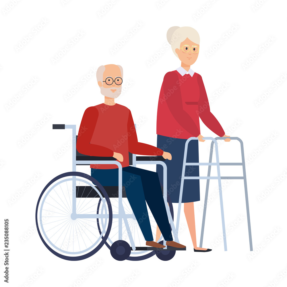 old woman with walker and old man in wheelchair old woman with walker and old man in wheelchair