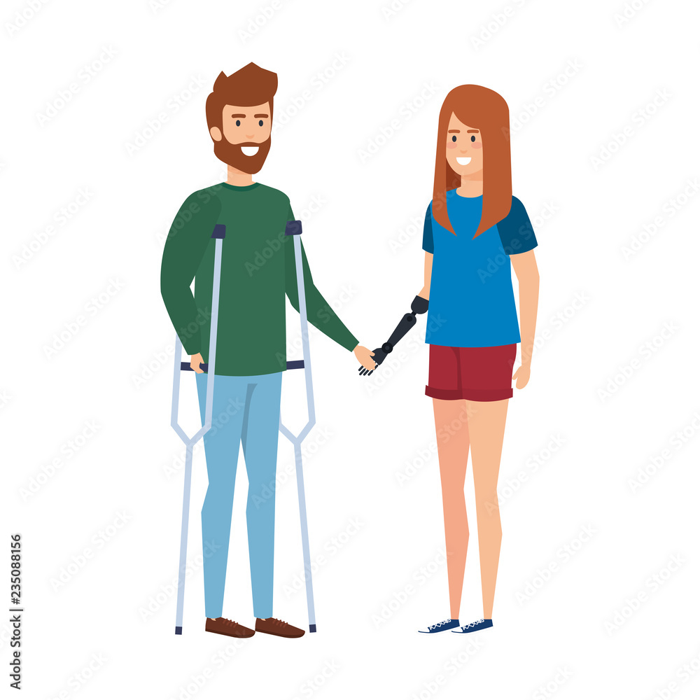 man with crutches and woman with hand prosthesis man with crutches and woman with hand prosthesis