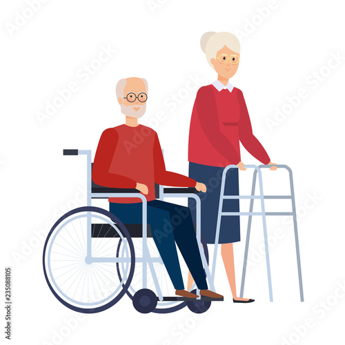 old woman with walker and old man in wheelchair