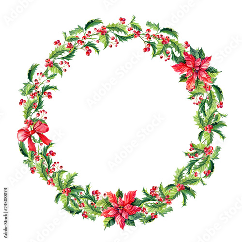Watercolor Merry Christmas Wreath with Red poinsettia flowers,Holly,leaves,berries © lyubovyaya