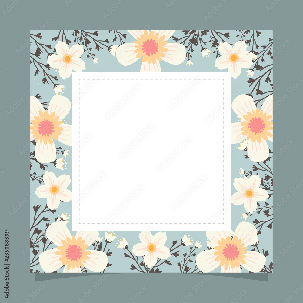 Obraz premium Floral greeting card and invitation template for wedding or birthday anniversary, Vector square shape of text box label and frame, White cosmos flowers wreath ivy style with branch and leaves.