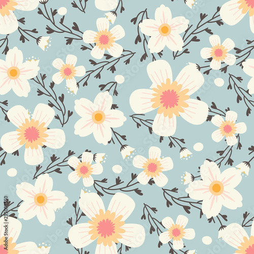 Floral vector artwork for apparel and fashion fabrics, White cosmos flowers wreath ivy style with branch and leaves. Seamless patterns background.