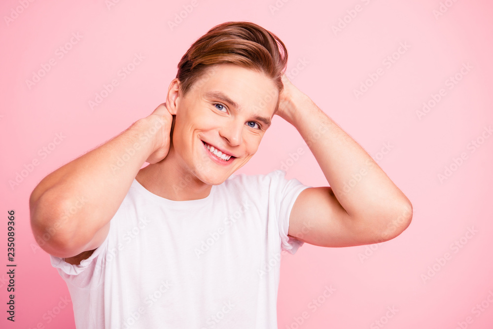 Attractive good-looking man stand isolated on vivid pink backgro Attractive good-looking man stand isolated on vivid pink backgro