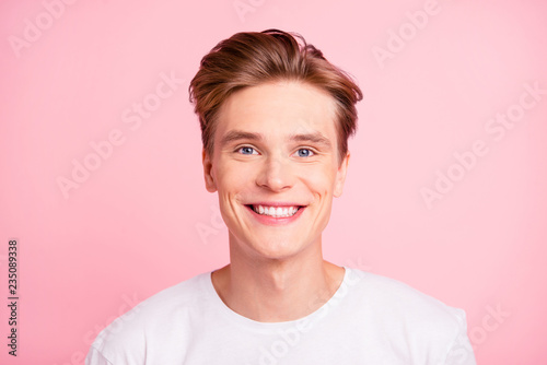 Close up portrait of man with beaming toothy white smile isolate