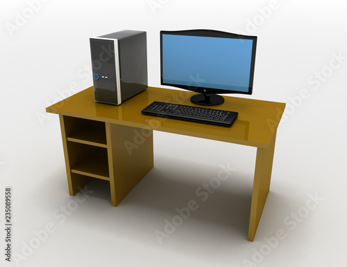3d illustration of Computer with table . 3d rendered illustratiobn