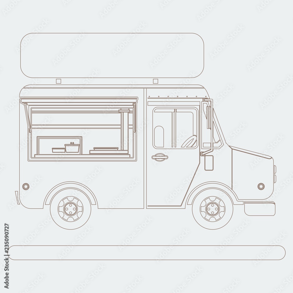Editable Side View Mobile Food Truck Vector Illustration With Sign Board in Outline Style for Artwork Element of Vehicle or Food and Drink Business Related Design Editable Side View Mobile Food Truck Vector Illustration With Sign Board in Outline Style for Artwork Element of Vehicle or Food and Drink Business Related Design