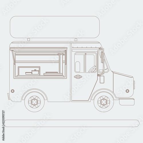 Editable Side View Mobile Food Truck Vector Illustration With Sign Board in Outline Style for Artwork Element of Vehicle or Food and Drink Business Related Design