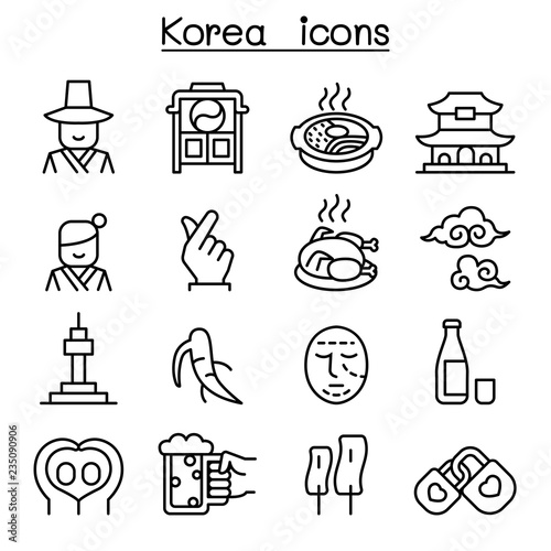 korea icon set in thin line style