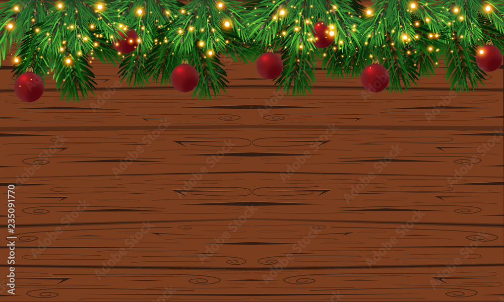 Vector holiday wood texture background with fir branches and Christmas lights Christmas & New Year design: wooden background with christmas lights garland. Vector illustration, eps10. Vector holiday wood texture background with fir branches and Christmas lights Christmas & New Year design: wooden background with christmas lights garland. Vector illustration, eps10.