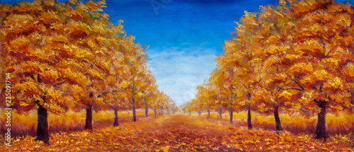 Autumn Oil painting landscape - colorful autumn forest alley park