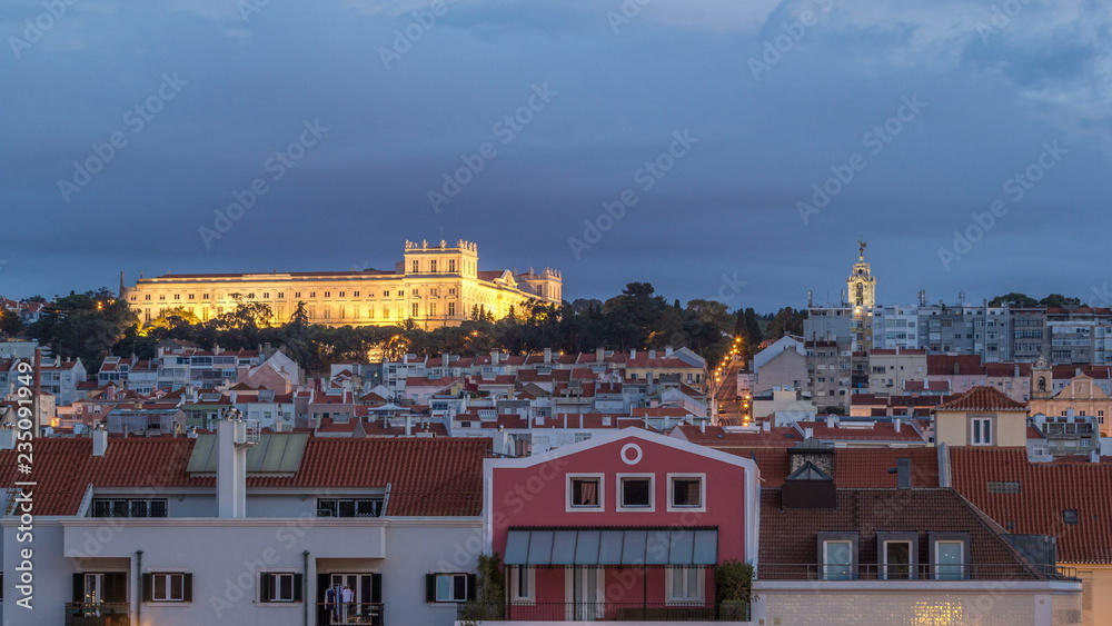 The Ajuda National Palace is a neoclassical monument in the civil parish of Ajuda night to day timelapse in Lisbon, Portugal