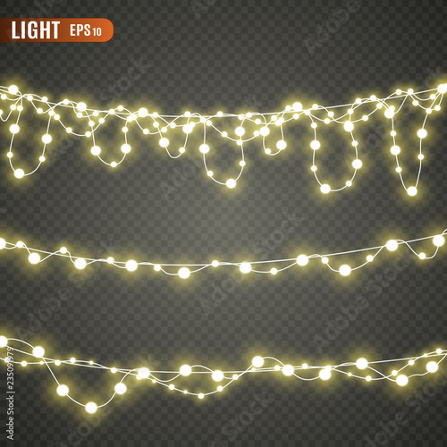 Christmas lights isolated on transparent background.  Set of xmas glowing garland. Vector illustration.