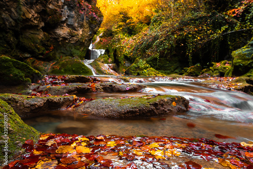 Autumn in the source of Urederra river in Urbasa mountain range, Navarre, Spain photo
