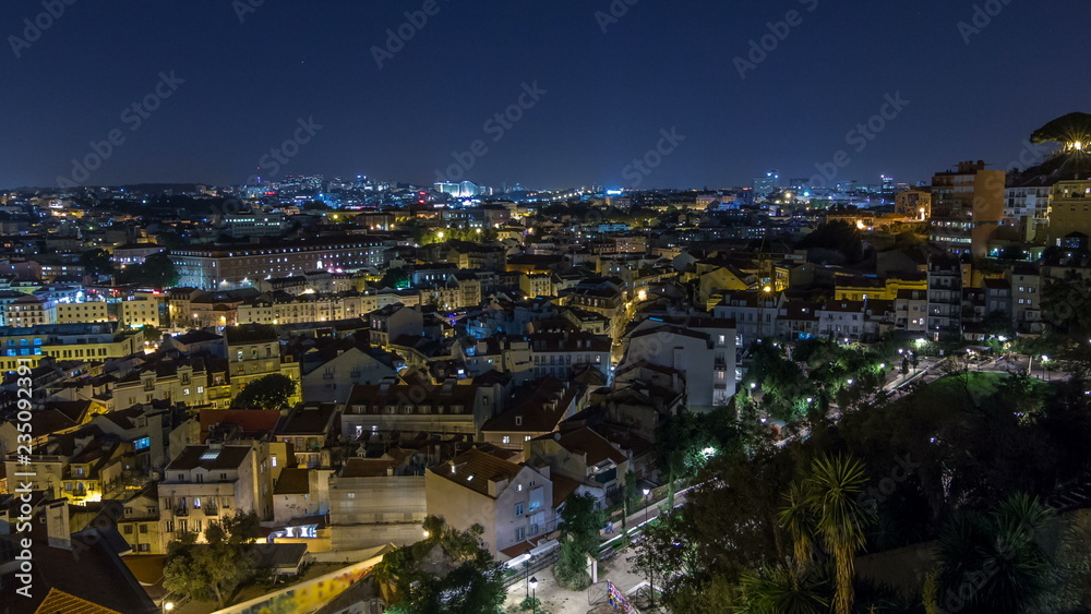 Lisbon aerial panorama view of city centre with illuminated building at Autumn night timelapse, Portugal